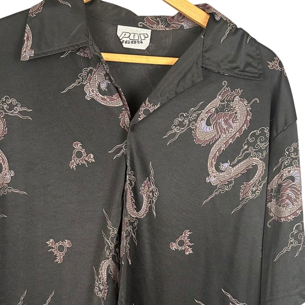 Pop Icon Mens Black Dragon Short Sleeve Button Down Shirt Large Made in USA